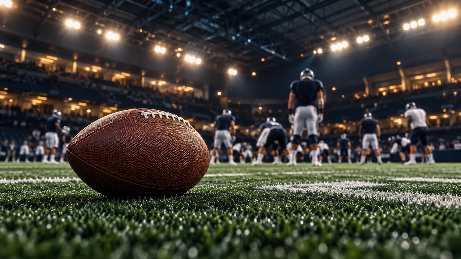 Illustrated indoor football arena under evening lights